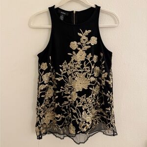 Alfani Black Top with Gold Floral Design in Size XS
